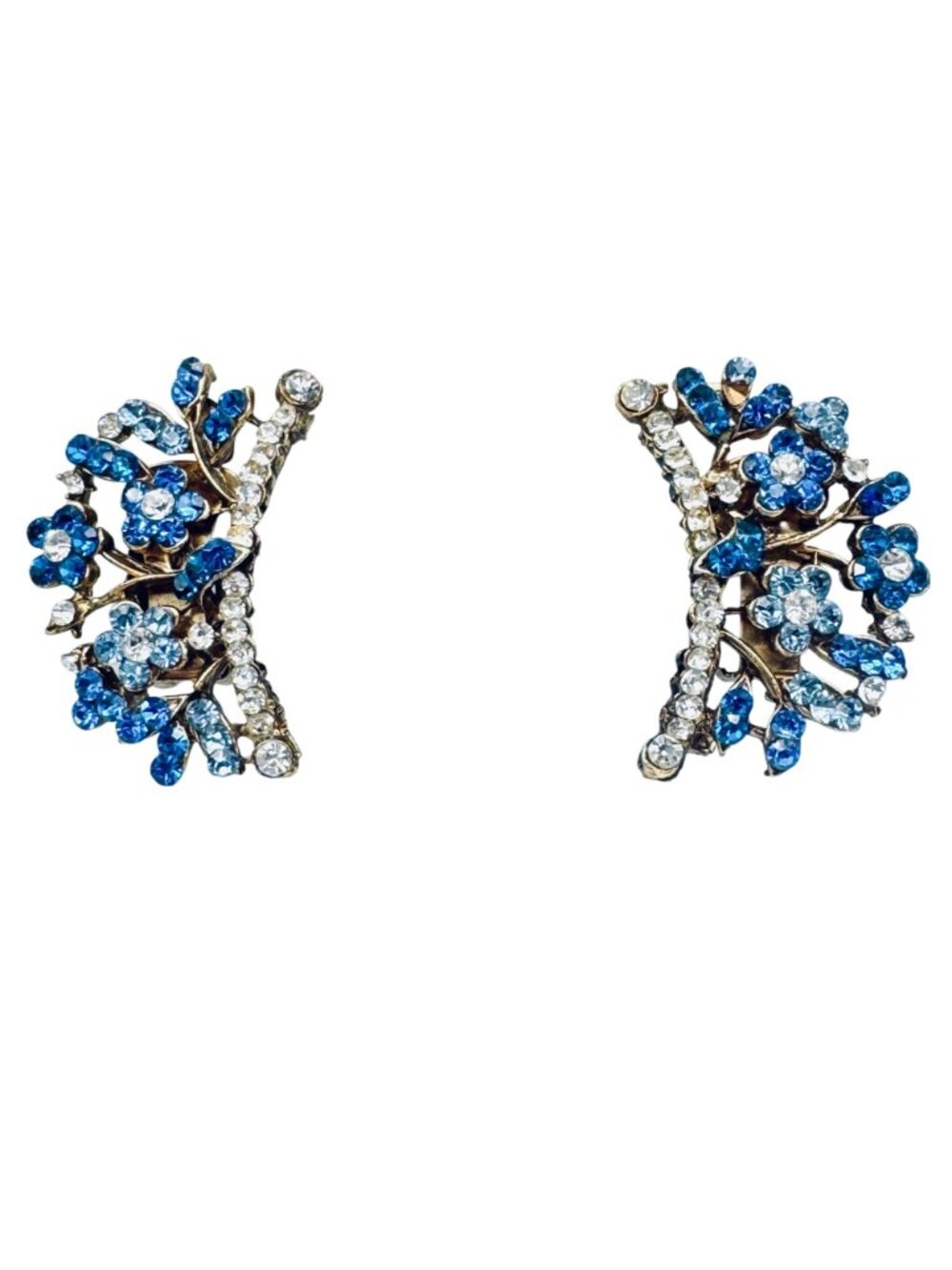 Vintage DeMario Blue Glass Floral Earrings Clip Climber Forget Me Not - Picture 2 of 9